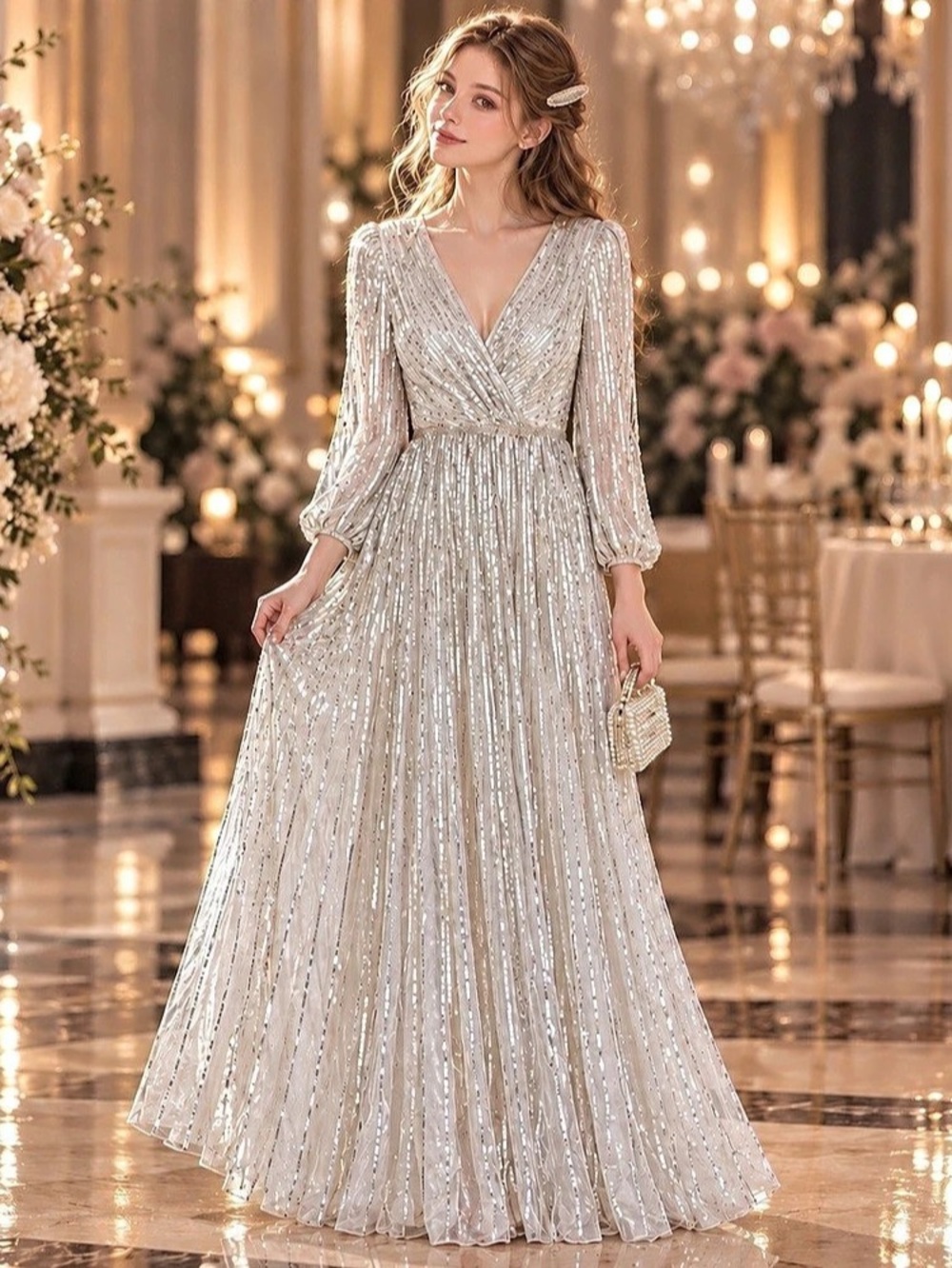 Mac Duggal Size 8 Silver Sequin 3/4 Sleeve Evening Gown NWT